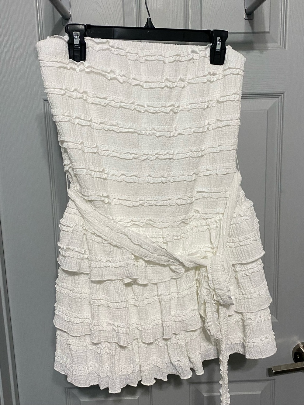 White Ruffle Strapless Super Mini Dress with Tie Waist